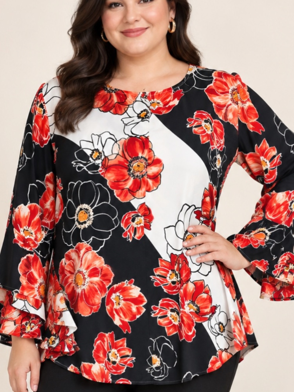 Alfani Red Floral Ruffle-Sleeve Top 3X